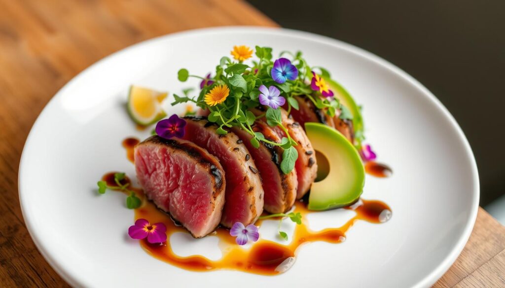 Seared ahi tuna plating